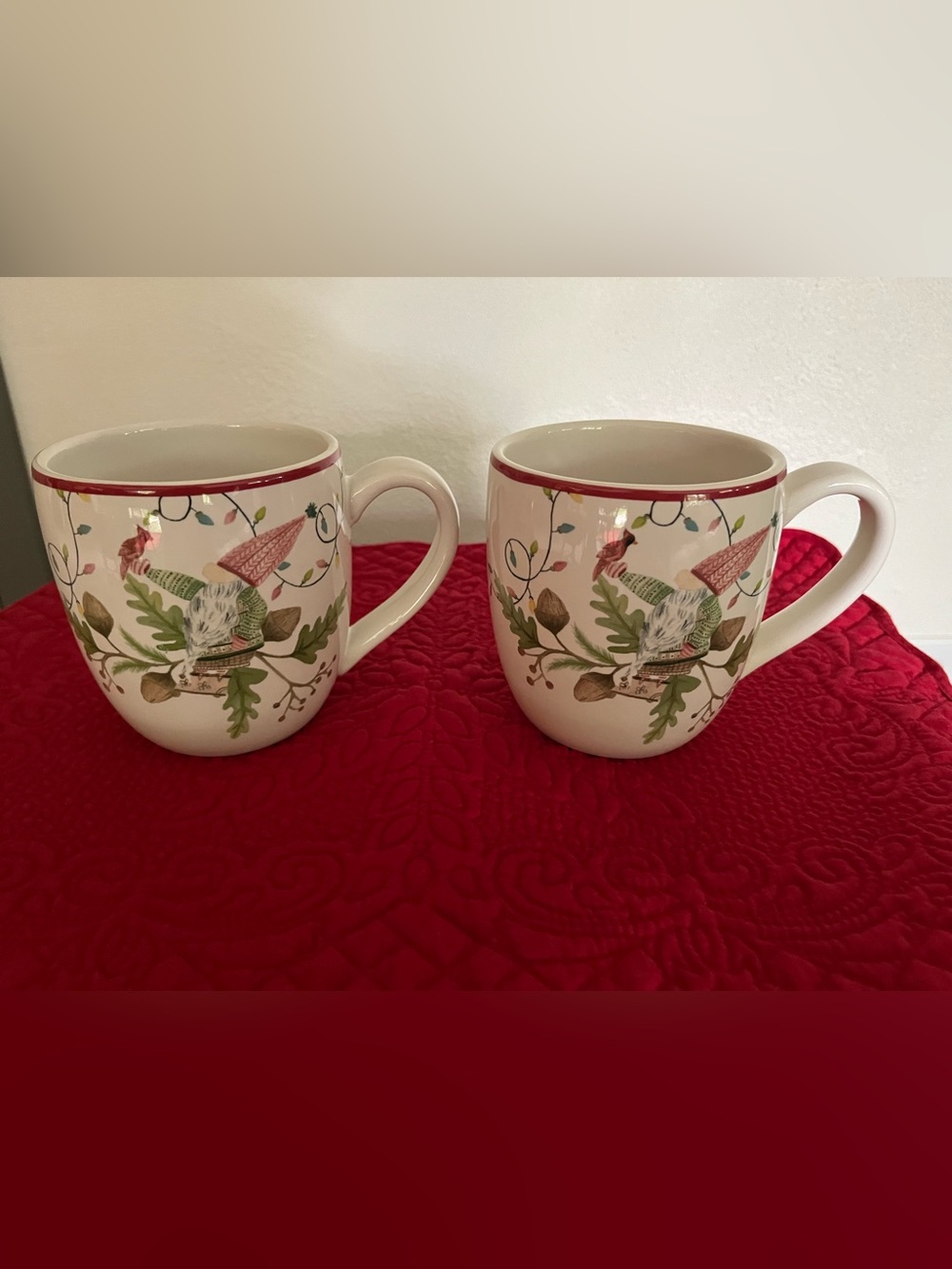 Pottery Barn White Holiday Gnome Mugs with Red Trim (Set of 2)